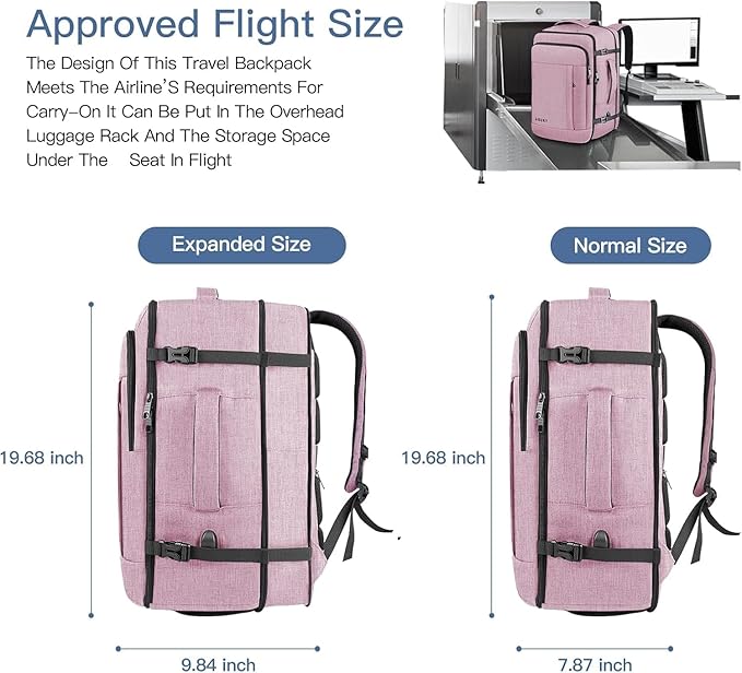Carry On Backpack, 40-50L Travel Backpack for Men & Women, Expandable Backpack For Airplanes, 17 Inch Laptop Backpack, Luggage Suitcase 40L Daypack Lightweight Business Weekender Bag, Light Pink
