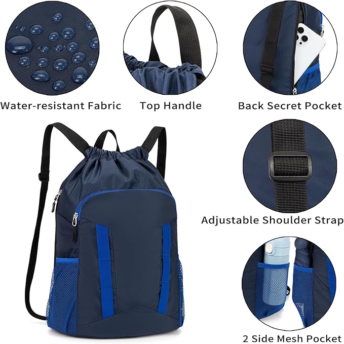 Drawstring Backpack for Kids Sports Gym Bag with Shoes Compartment, Water Resistant Beach Swim Bag String Backpack for Boys and Girls, Dark Blue