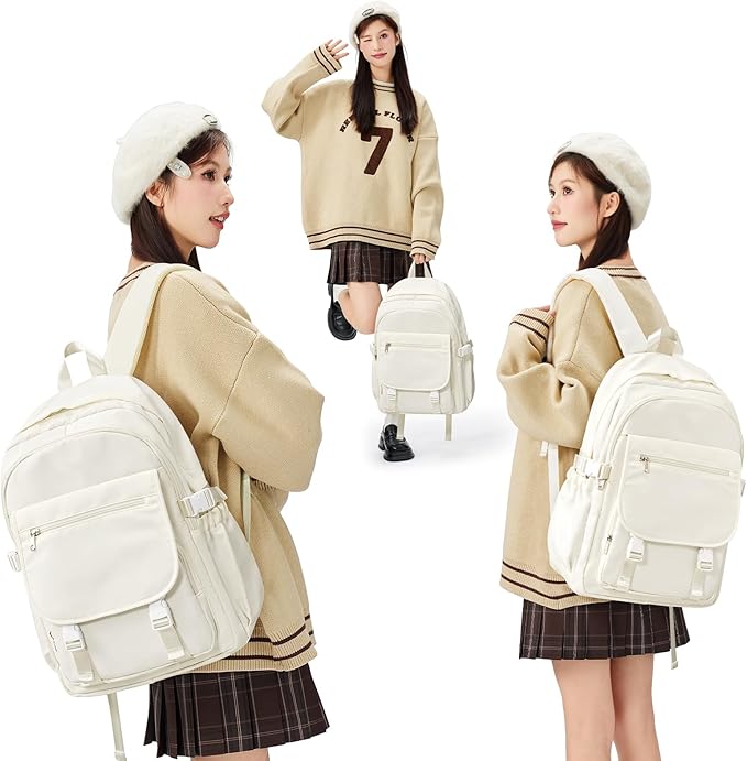 Lightweight Waterproof Backpack for Women Men Large Capacity College School Bag with Luggage Straps Multiple Pockets Durable High School Bookbag, Casual Daypacks for Students Girls Boys(Beige)