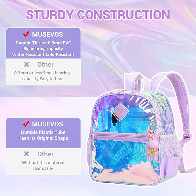 Clear Backpack for Stadium Events Approved 12×6×12, Thick TPU Mini Clear Bag with Front Pocket for Concert Sport Events Work Travel, Purple Iridescent