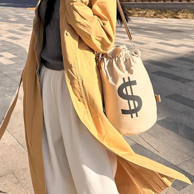 Canvas Drawstring Backpack with Coin pouch, Large Money Dollar Sign Bucket Rucksack, Lightweight Sport Bags (Light Khaki)