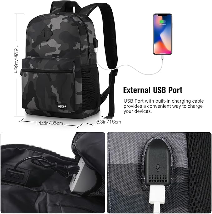 YAMTION 17 Inch School Backpack,Classic Bookbag Men and Teen Boy Schoolbag with USB Charging Port for High School College Office Work Travel