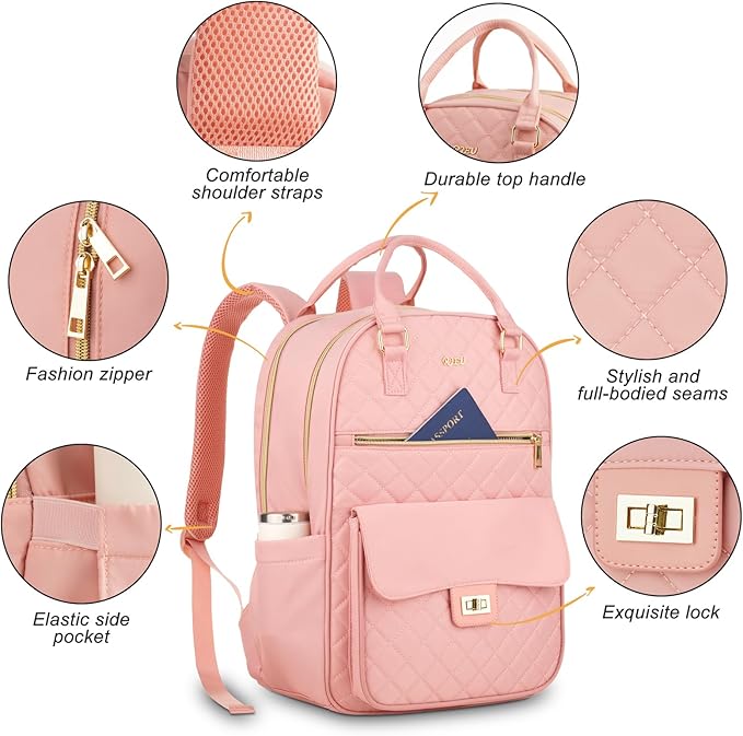 Backpack Boogbag for Women,Cute School Backpack for Teen Girls with Laptop Compartment,Quilted Stylish Computer Bag Big Book Bag for College Student Work,Pink