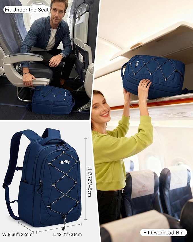 Travel Laptop Backpacks for Women Men, Large Work Backpack for Commuter College School Book Bags, Reflective Water Resistant Backpack with Luggage Strap Bottle Pocket Chest Strap, Navy Blue