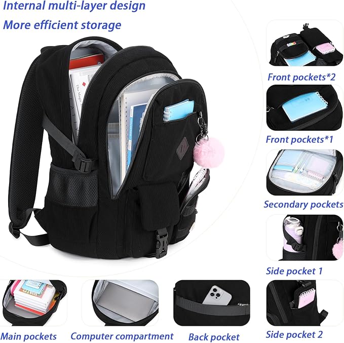 Girls Laptop Backpack Corduroy Bookbag For Teen Big Studen School Bag Durable Travel Daypack (1black)