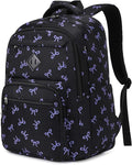 Girls Backpack, Lightweight School Backpack Multiple-pocket College Bookbag for Teen Girls Travel Backpack with Luggage Strap for Women, Black with Purple Bow
