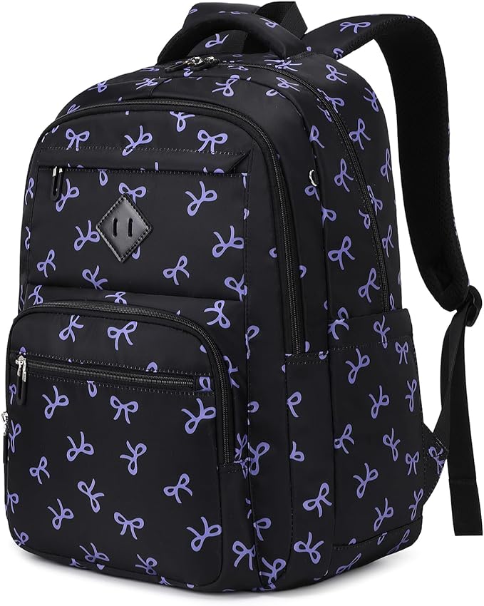 Girls Backpack, Lightweight School Backpack Multiple-pocket College Bookbag for Teen Girls Travel Backpack with Luggage Strap for Women, Black with Purple Bow