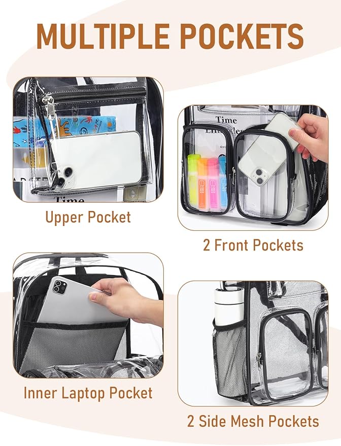 Clear Backpack Heavy Duty for Women Men Boys Girls, Clear Bookbag for School, 17 Inch Transparent Backpack with All-Around Reflective Strips for Work Casual Sport, Black