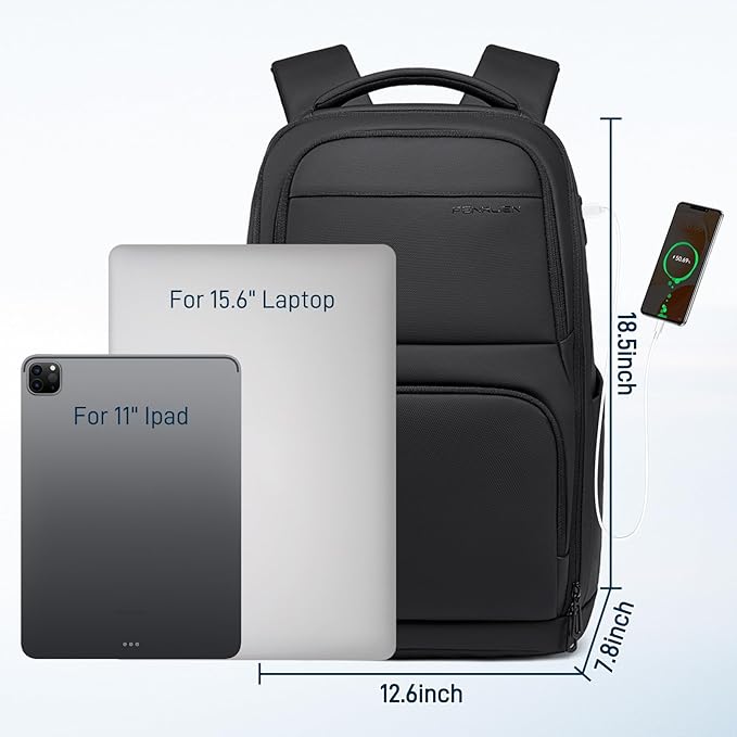 FENRUIEN Business Laptop Backpack for Men, Anti-Theft Travel Backpack with USB Charging Port, Water-Resistant Computer Pack Fits 15.6" Laptop, TSA-Friendly Commuter Daypack, Black