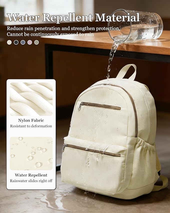 Lightweight School Backpack for Women Men, Multi Pocket Backpack for College Students, Waterproof Middle School Bags, Simple Bookbag for Teens Girls Boys, Beige
