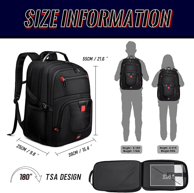 Extra Large Laptop Backpack with LifetimeWarranty,Gaming Laptop Travel Bag Fits 18.4-19" Laptops,TSA Friendly Travel Rucksack for Men Women, Big TSA Airline Approved Work Computer Bag, Black