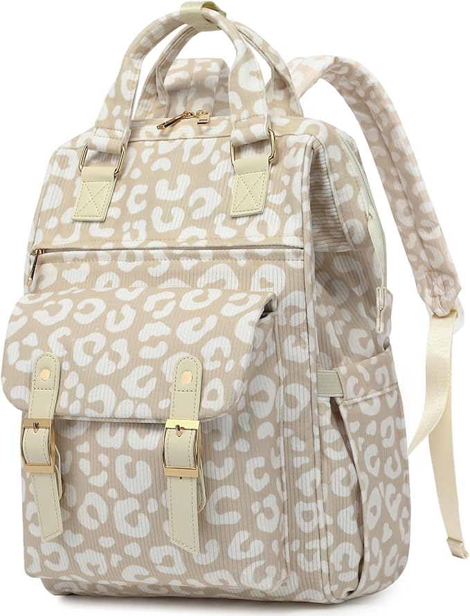 Laptop Backpacks for Women, Corduroy High School College Bookbag 15.6 Inch Laptop Bags for Girls Travel Daypack - Leopard Brown
