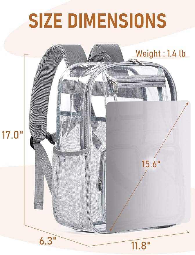 Clear Backpack Heavy Duty for Women Men Boys Girls, Clear Bookbag for School, 17 Inch Transparent Backpack with All-Around Reflective Strips for Work Casual Sport, grey
