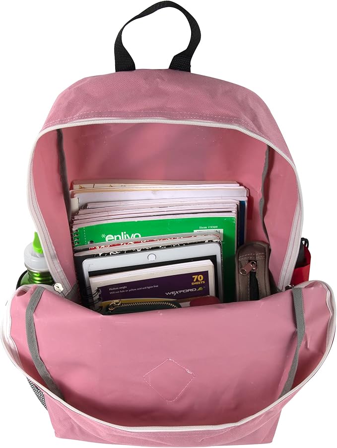 Large School Backpacks with Mesh Side Pockets – Classic 19 Inch Solid Color Backpacks for Kids, Men, Women, Travel (Pink & Blush)