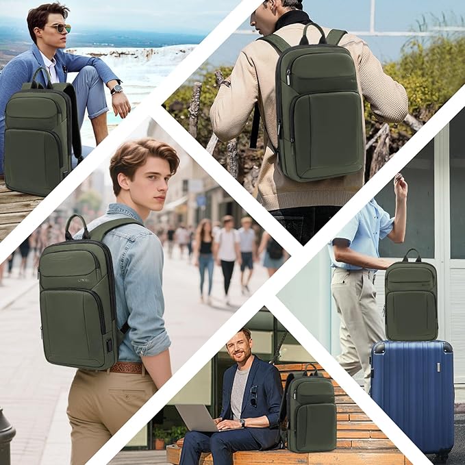 Backpack for Men Slim & Expandable Travel Laptop Backpack with USB Charging Port Water Resistant Anti-Theft Business Backpack Fits 15.6In Laptop for Commute Work College with Small Bag(Olive Green)