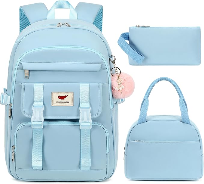 LXYGD 3 PCS Backpack for Teen Girls,Laptop Backpacks 15.6 Inch School Bag with Lunch Box Pencil Pouch Set for Students Aesthetic College Bookbag Travel Daypack(Blue)