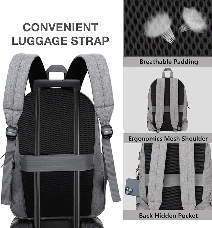 SUPACOOL Lightweight Laptop Backpack with USB Charging Port for Men and Women, Double Layers Backpack for College, Work, Travel, Casual(Light Grey)