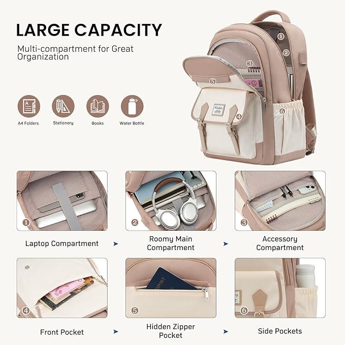 Student Laptop Backpack for College Teen Girls, Cute Middle High School Bag Women Bookbag Large Travel Back Pack Fit 15.6 Inch Laptop (Khaki Beige)