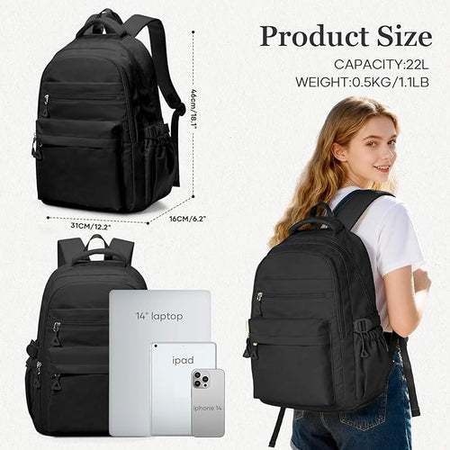 Black Backpack for College Students Women Men, Aesthetic Backpacks for Middle School, Waterproof Bookbag, Lightweight High School Backpack for Teens Boys Girls