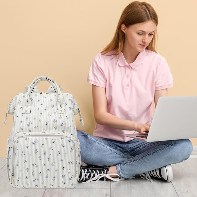 Laptop Backpack for Women, Corduroy College School Backpack Bookbag 15.6 inch Business Computer Travel Backpack (Flowers Purple)