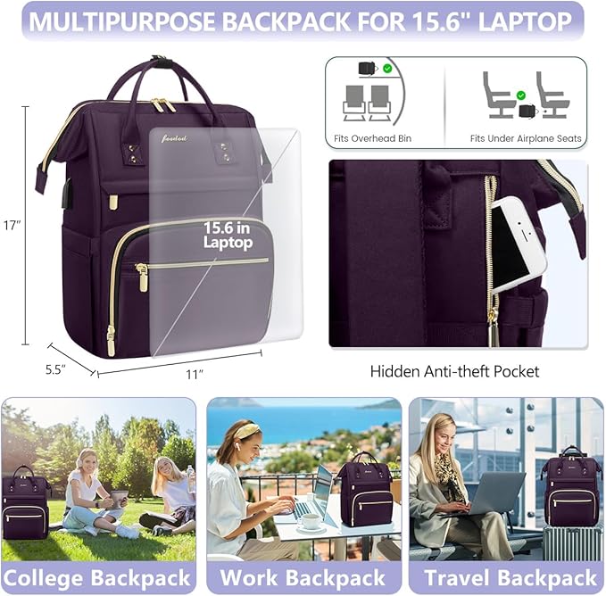 Laptop Backpack for Women Work Bags - 15.6 Inch Professional Womens Travel Backpack Purse Computer Laptop Bag Nurse Teacher Backpack Waterproof Carry on Back Pack with USB Port Dark Purple