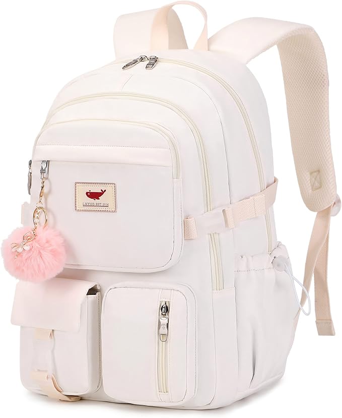 LXYGD Laptop Backpack 15.6 Inch Kids Elementary Middle High School Bag College Backpacks Anti Theft Travel Back Pack Large Bookbags for Teens Girls Women Students (Off-white)