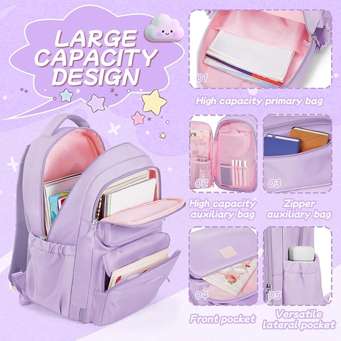 Cute Backpack For School Teens Girls, Aesthetic Kids Elementary School Backpacks, Waterproof Middle Students Bookbag, Large Capacity Backpack For College Women Men (Purple)