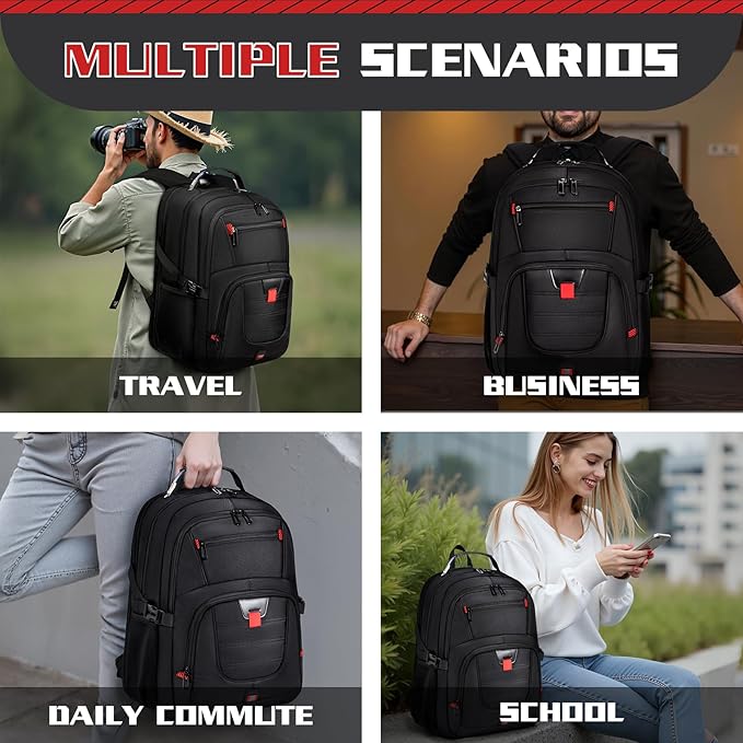 Extra Large 55L Travel Backpack, 18 inch Laptop Bag for Men, TSA Approved Heavy Duty with Charging Port, Anti Theft Rucksack for Business Work College, Black