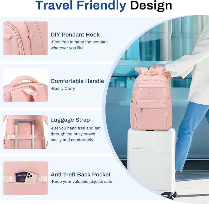 School Backpack for Girls, Lightweight Kids Bookbag Classic College Backpack for Teen Women with Luggage Strap, Age 8-18 Years Old, Pink