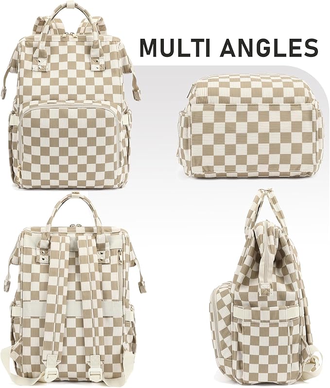 Laptop Backpack for Women, Corduroy College School Backpack Bookbag 15.6 inch Business Computer Travel Backpack (Checkered Brown)