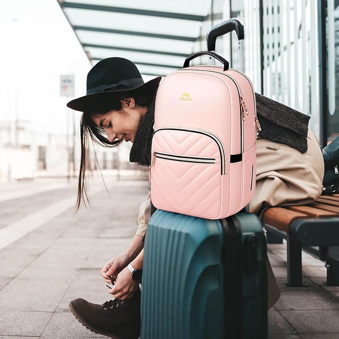 MATEIN College Backpack with Laptop Compartment, Water Resistant Girls Backpack, Cute Bookbag with Multiple Compartments, 17 inch Quilted Casual Daypack for Women, Pink