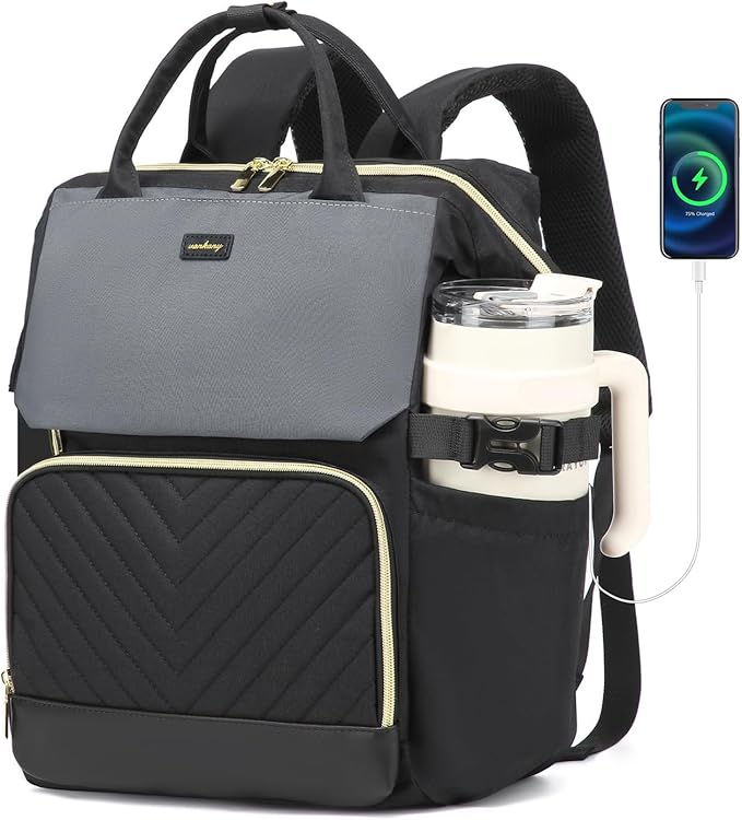 Computer Backpack for Women, Work Bag Laptop Bookbag with Cup Holder & USB Charger for Teacher Nurse College Travel Back Pack, Gifts, Black Gray