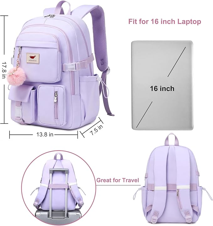 Laptop Backpack 15.6 Inch Kids Elementary Middle High School Bag College Backpacks Anti Theft Travel Back Pack Large Bookbags for Teens Girls Women Students (Purple)