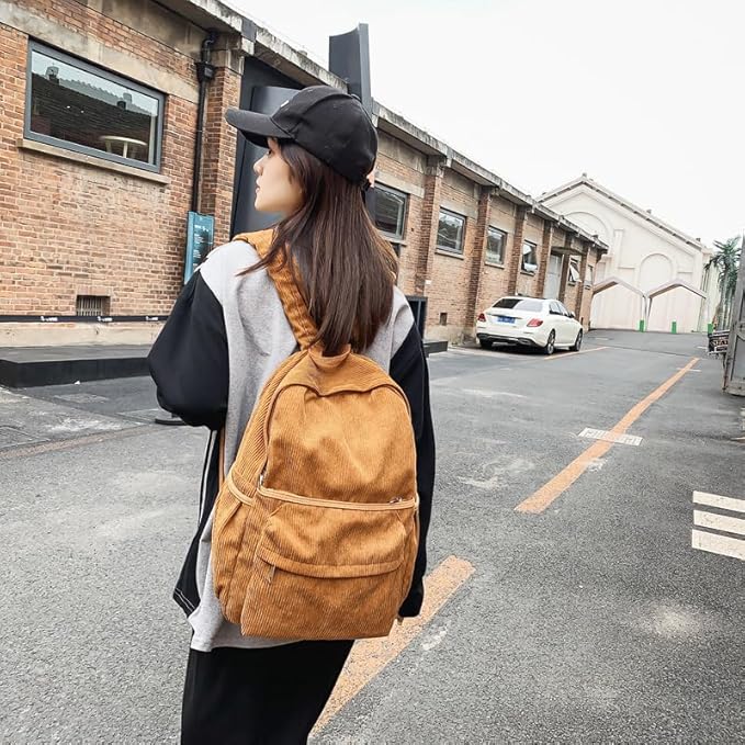 Aesthetic Backpack Cute Backpack Corduroy Backpack School Supplies Laptop Bag for Teens Girls Women Students Solid Color(Brown)