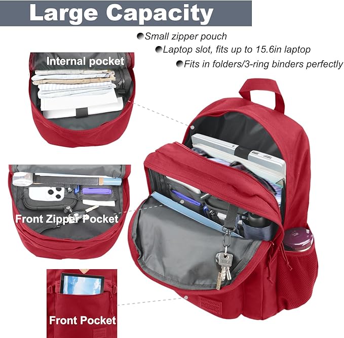 SUPACOOL Casual Backpack For School, Classical Travel Backpack for Men and Women, Bookbag for Boys, Girls and Kids, Laptop Compartment(Red)