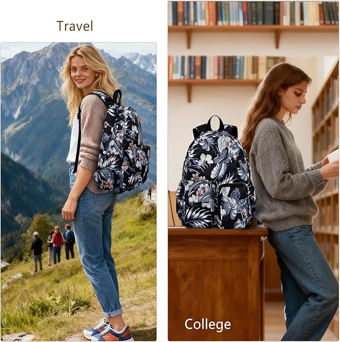Women's Water-resistant Daypack Backpack, 15.6 Inch Laptop Compartment & Anti-Theft Pocket, Adjustable Padded Straps for Commuting, Travel, Work, College, Hawaii Flower