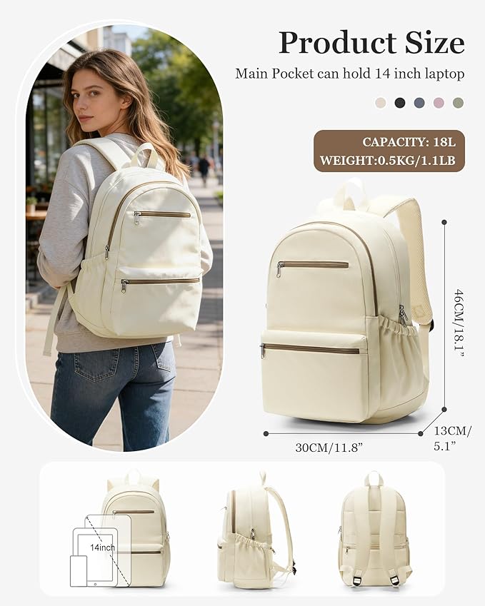 Lightweight School Backpack for Women Men, Multi Pocket Backpack for College Students, Waterproof Middle School Bags, Simple Bookbag for Teens Girls Boys, Beige