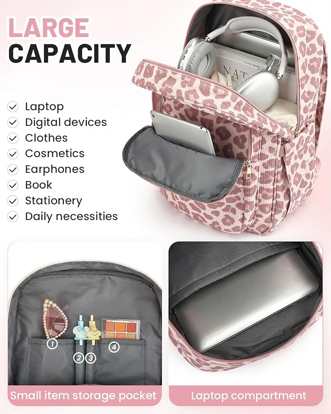 Corduroy Laptop Backpack for Women, Fits 15.6 Inch Computer Bag, College High School Bookbag Travel Daypack Purse, Work Business Bags - Corduroy Leopard