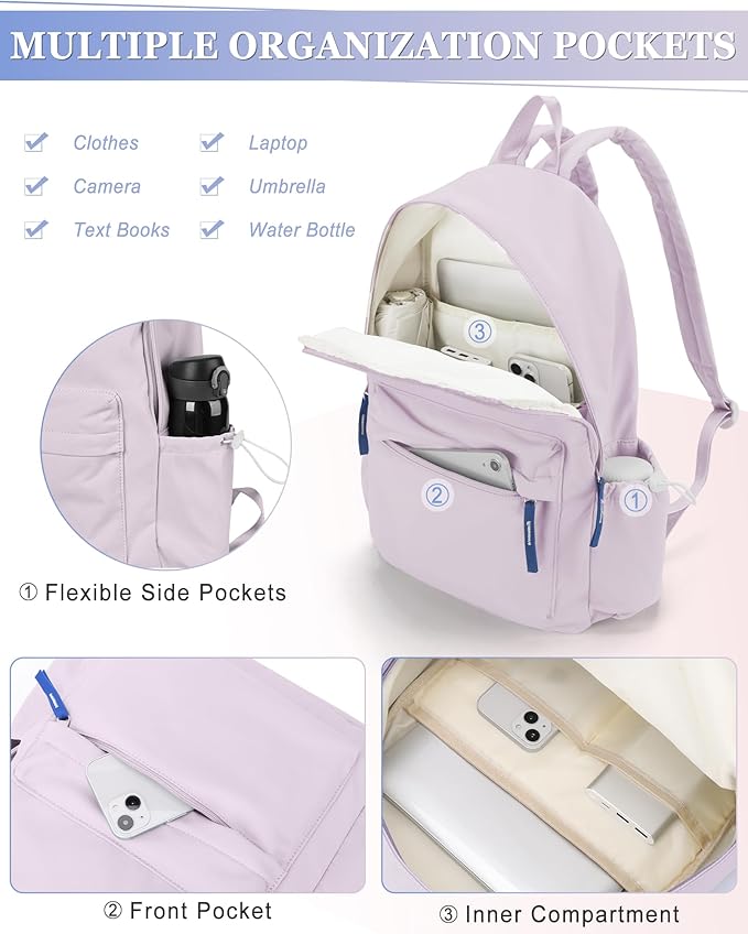 School Backpack for Teen Girls,Simple School Book Bag Waterproof High School Backpack for Boy Middle Student Bookbag College Backpack for Women Men Casual Daypack Travel Aesthetic Backpacks Purple