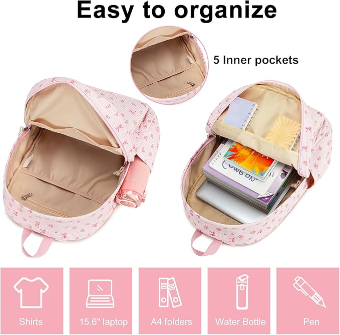 BTOOP School Backpack for Girls Teens Large Corduroy Bookbag Lightweight Casual High School College 17 inch Laptop Travel Bag (Pink Bow Floral-1)