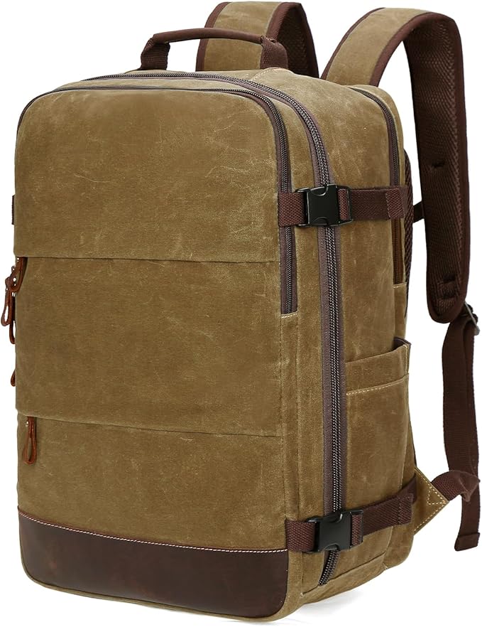BOVIP Travel Backpack for Men Carry On Backpack Flight Approved Personal Item Backpack, 18.4 inch Laptop Backpack Casual Daypack Weekender Business Hiking Backpack, Brown