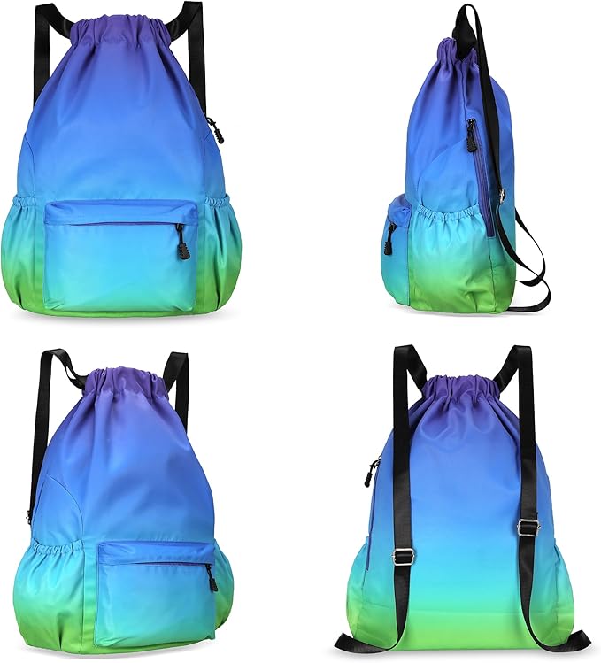 Drawstring Backpack for Women Drawstring Gym Bag Water Resistant Small Cinch Sack Pull String Backpack Bag (Blue-Green)