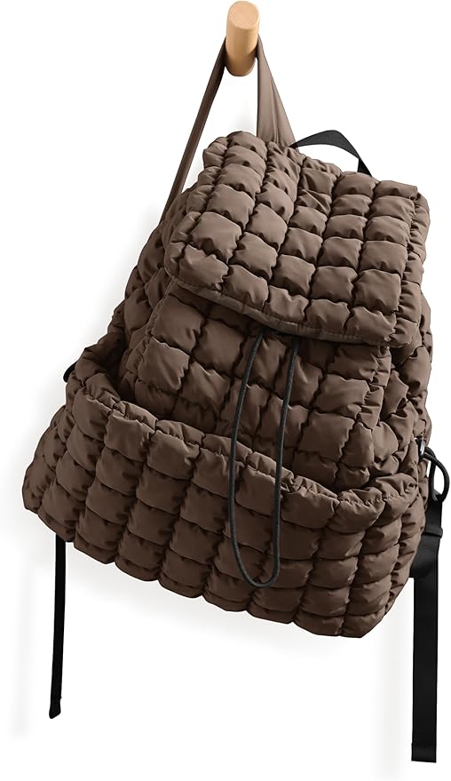 ODODOS Quilted Backpack 2.0 for Women Lightweight Puffer Hiker Pack Drawstring Padding Travel Gym Bag, Dark Brown