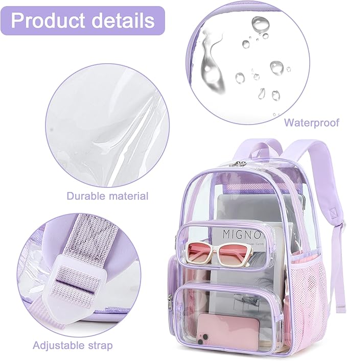 BTOOP Clear Backpack Heavy Duty Transparent Backpack 17" See Through Bookbag for College Work Festival Security Padded Strap (Purple)