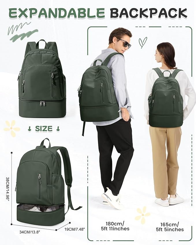 BJLFS Small Gym Backpack for Women Men, Waterproof Gym Track Bag with Expandable Shoe Compartment, Lightweight Mini Casual Daypack Sports Back Pack for Travel Hiking Dance Yoga Fitness Track, Green