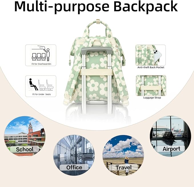 Corduroy Laptop Backpack for Women 15.6 Inch Stylish College School Bookbag, Business Work & Travel Computer Backpacks (Flowers Green)