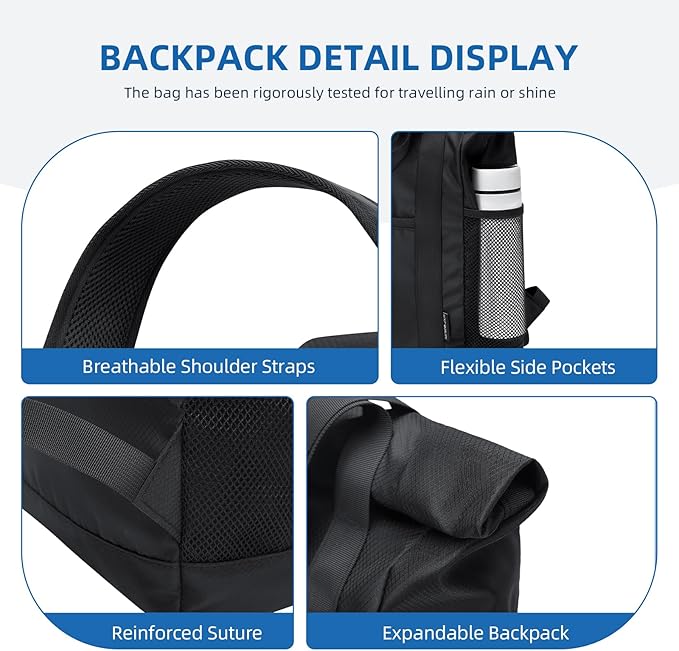Foldable Convertible Tote Backpack Lightweight Versatile Nylon Daypack for Women Men Work Leisure Travel,Black