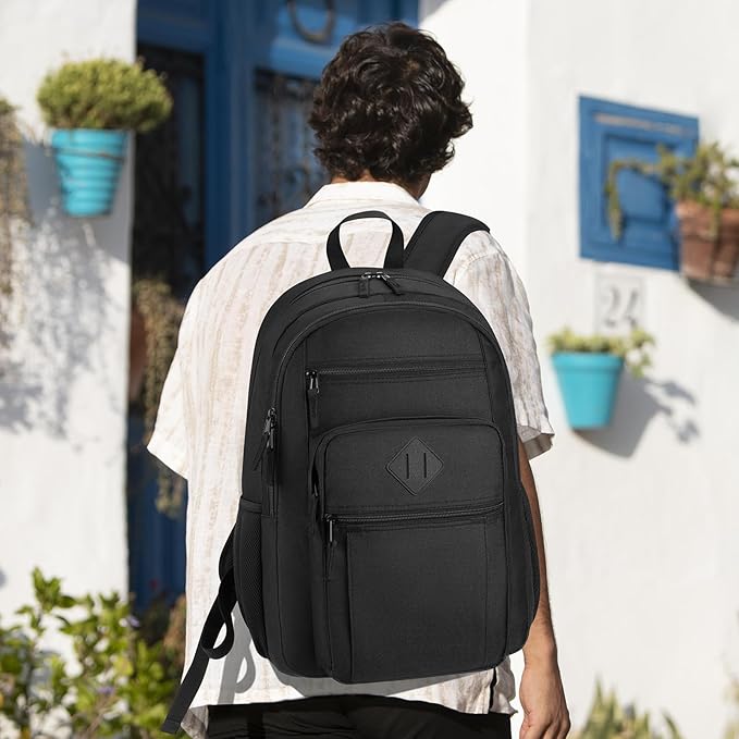 Unisex Black Backpack for School, Lightweight Boys Girls Backpack Fits 15.6 Inch Notebook, Water Bottle Pocket - Ideal for Teens, College Students, Adults