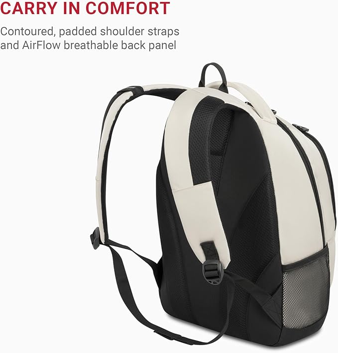 SwissGear 1186 Special Edition 13” Laptop Backpack Cream/Black– Compact Tech Bag with Reflective Accents – Multiple Organizer Pockets with Bungee Cords & D-ring Attachment Point