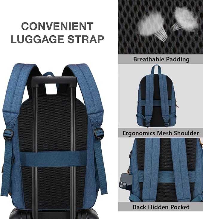 SUPACOOL Lightweight Laptop Backpack with USB Charging Port for Men and Women, Double Layers Backpack for College, Work, Travel, Casual(Navy Blue)